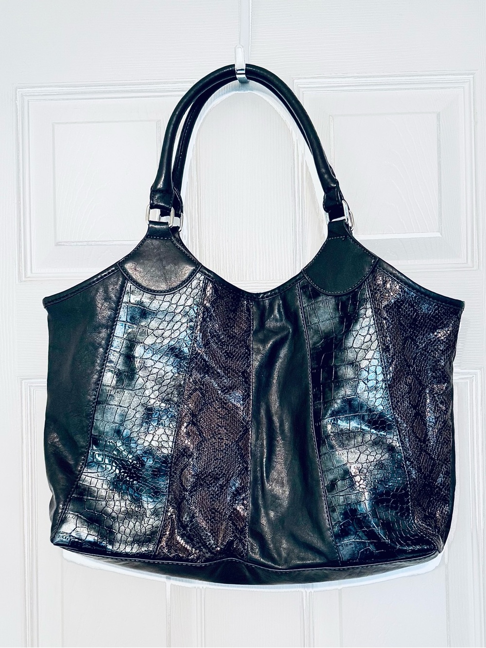 Gray Faux Leather Croc & Snakeskin Embossed Large Tote Shoulder Bag NWOT
